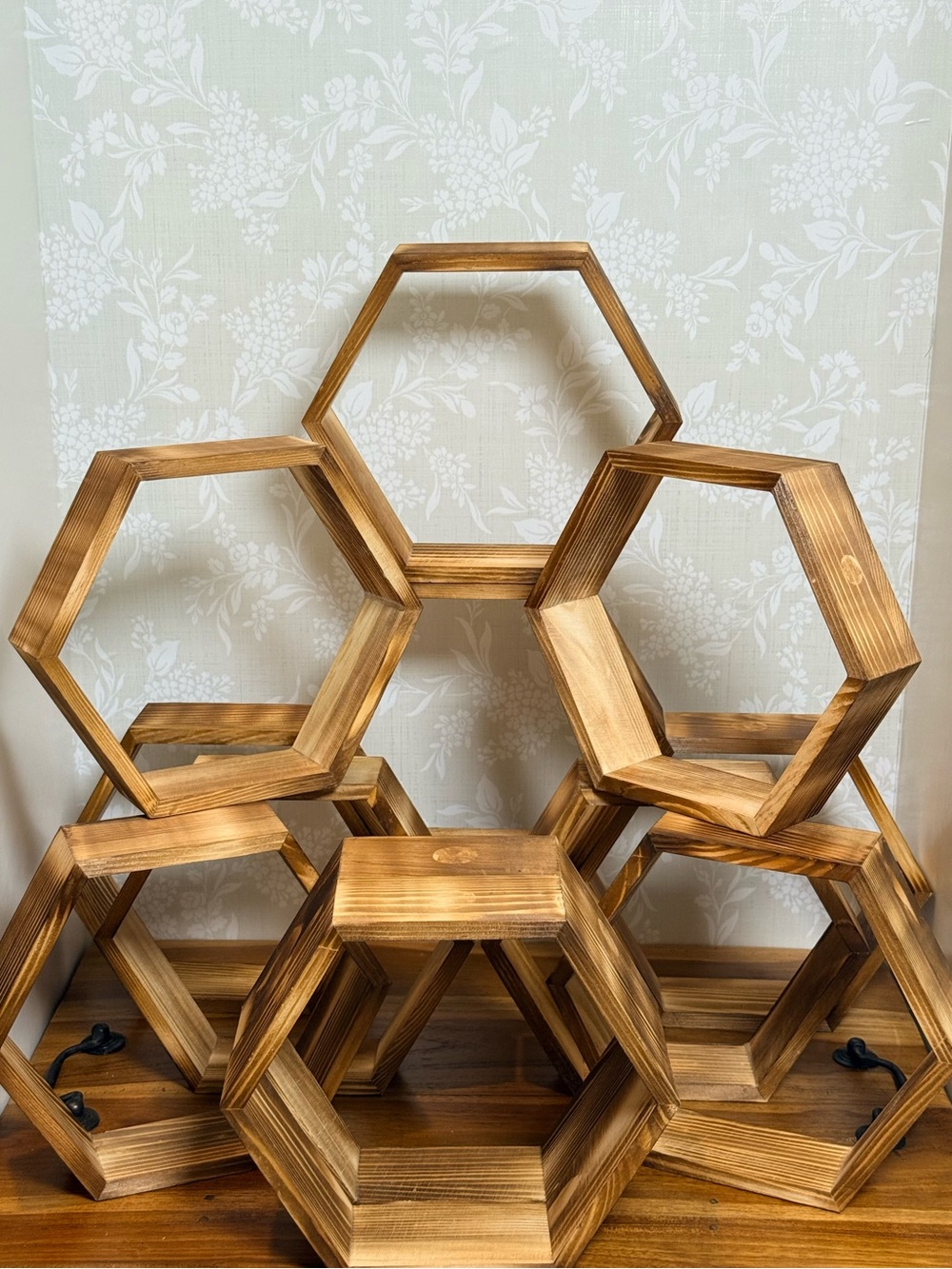 Wooden Hexagon Wall, Table Shelves - Natural Wood Set of 12